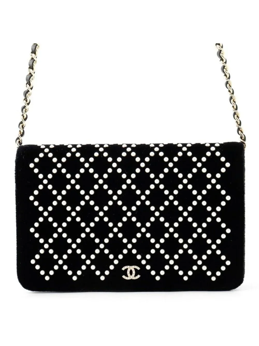 Chanel Chain Wallet CC Logo Faux Pearl Velour Black Shoulder Bag